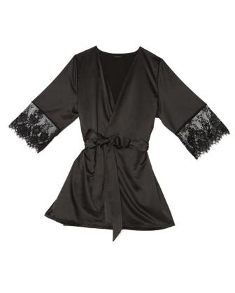 Satin Spitze Kimono schwarz kurz mit Bindegürtel Coquette