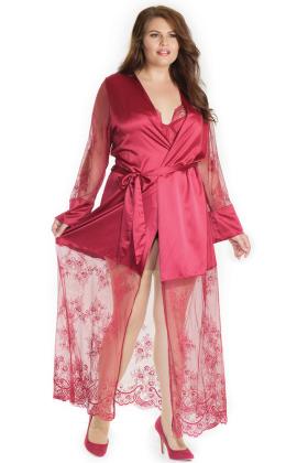 Satin Spitze Kimono merlot lang mit Bindegürtel Coquette