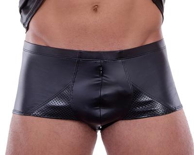 schwarze Boxer Shorts mit Reißverschluss, perforiertes Kunstleder, Patrice Catanzaro