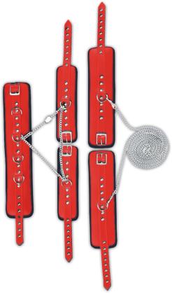 Preview: Bondage-Set gepolstert Ledermanschetten mit Ketten rot-schwarz