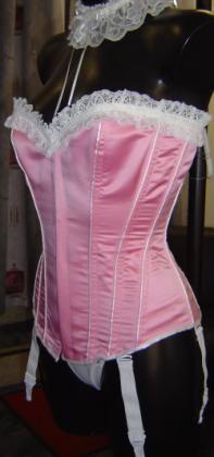 pinkes langes Satin Korsett mit weißer Spitze