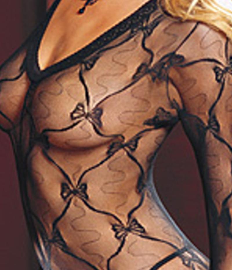 Dreamgirl Netzspitze Catsuit mit Schleifenmuster, schwarz