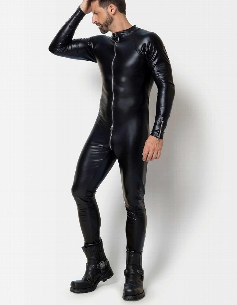 Herren Overall schwarzer Wetlook mit 3-Wege-Reißverschluss Herren Overall schwarzer Wetlook mit 3-Wege-Reißverschluss