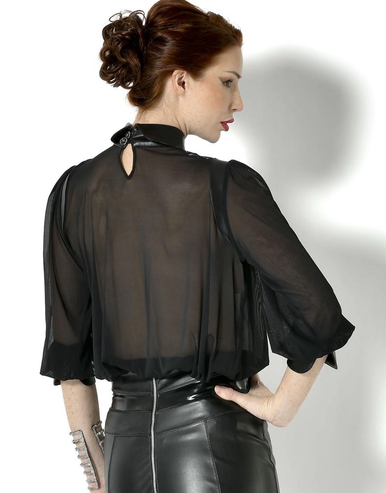 Transparente Catanzaro Netz Bluse Evocharme mit Kunstlederdetails *
