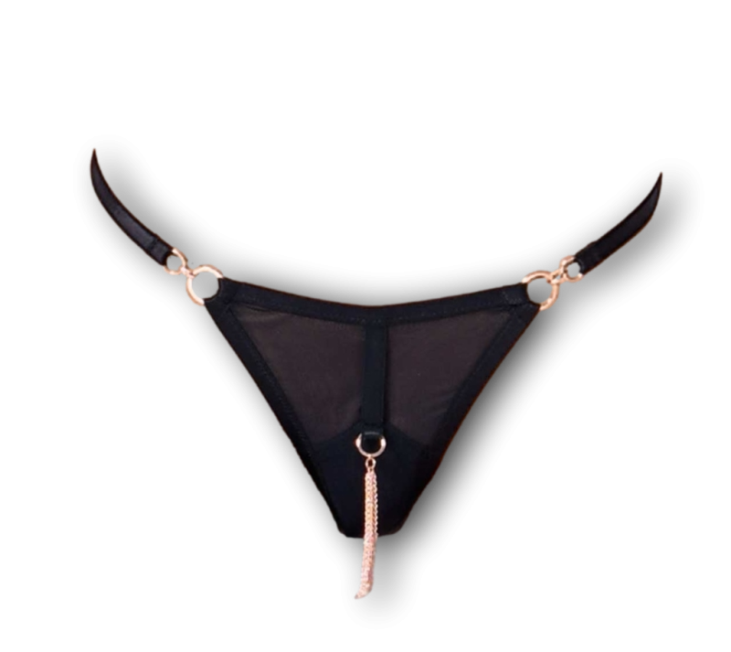 Damenstring Paresse von Catanzaro schwarz transparent und rosègold verziert