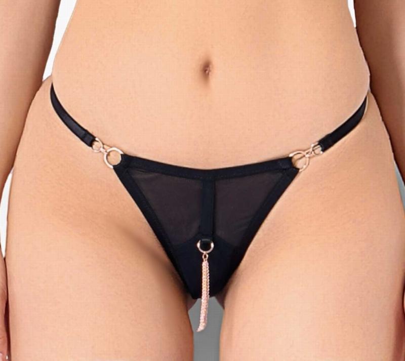 Catanzaro Damen Stringtanga Paresse schwarz transparent und rosègold verziert