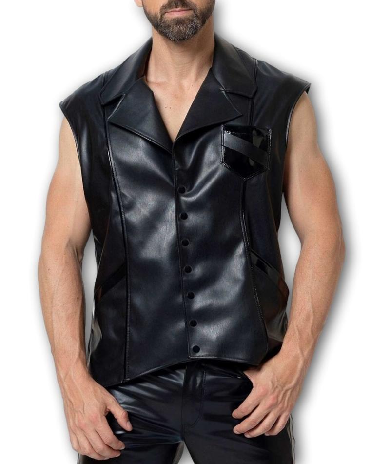 Herrenweste Ivar Kunstleder schwarz mit Kragen Herrenweste Ivar Kunstleder schwarz mit Kragen