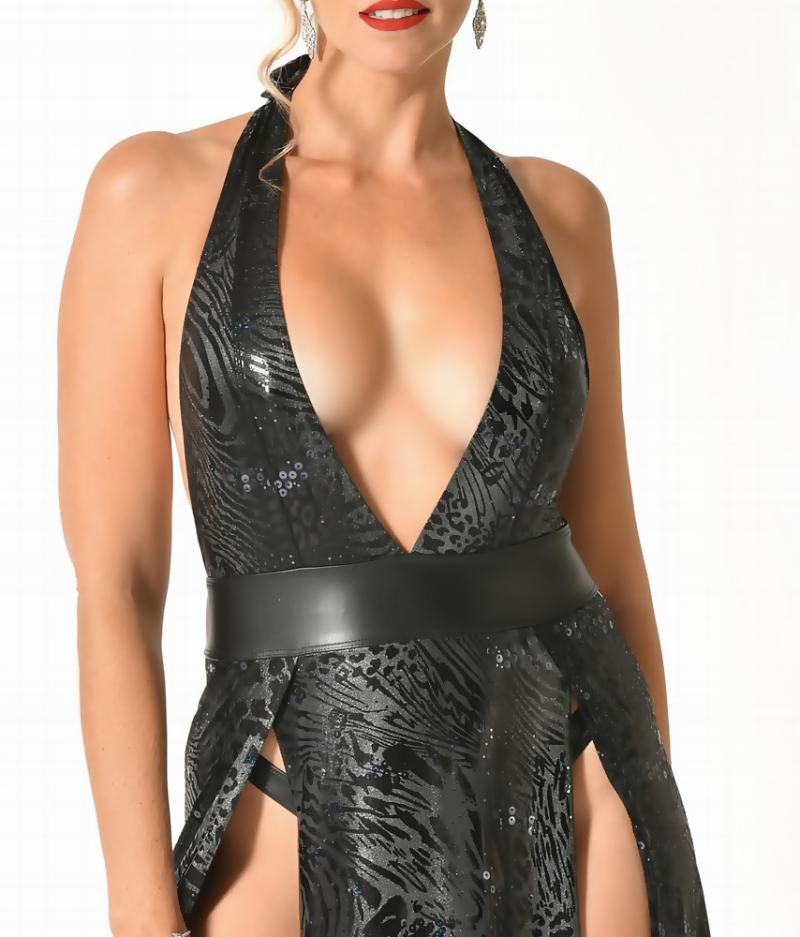 Pailletten und wildlife Druck auf schwarzem Maxikleid Asteroide von Catanzaro - Stoffdetaill