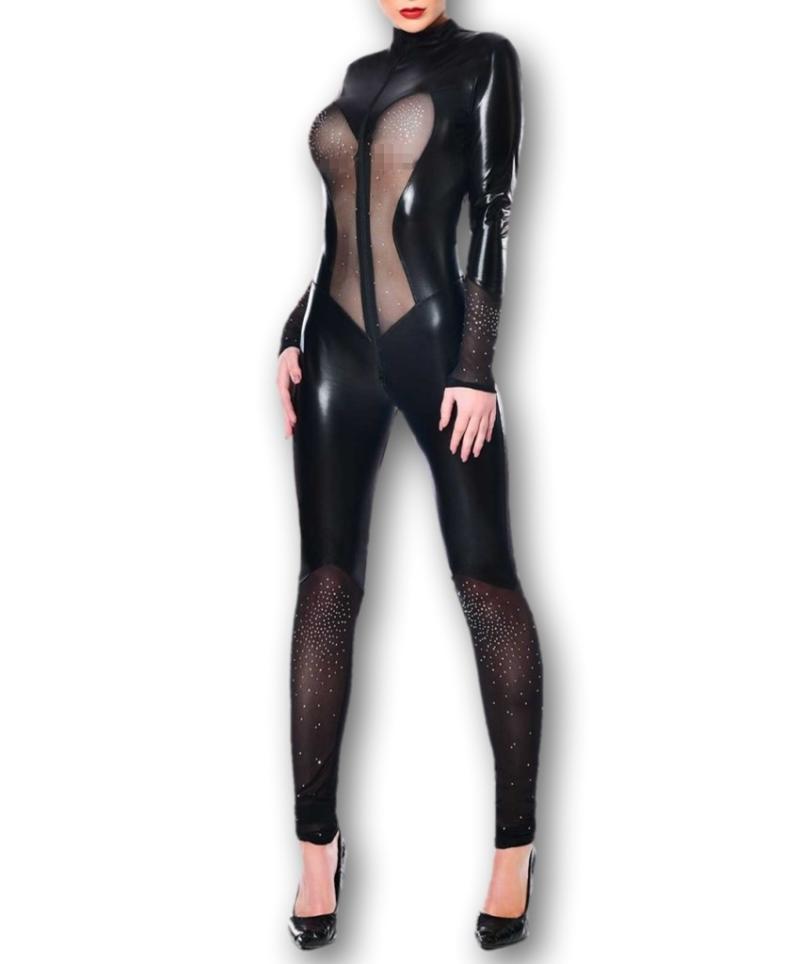 Catsuit Cassiope Schwarz Wetlook Netz Strass Catsuit Cassiope Schwarz Wetlook Netz Strass