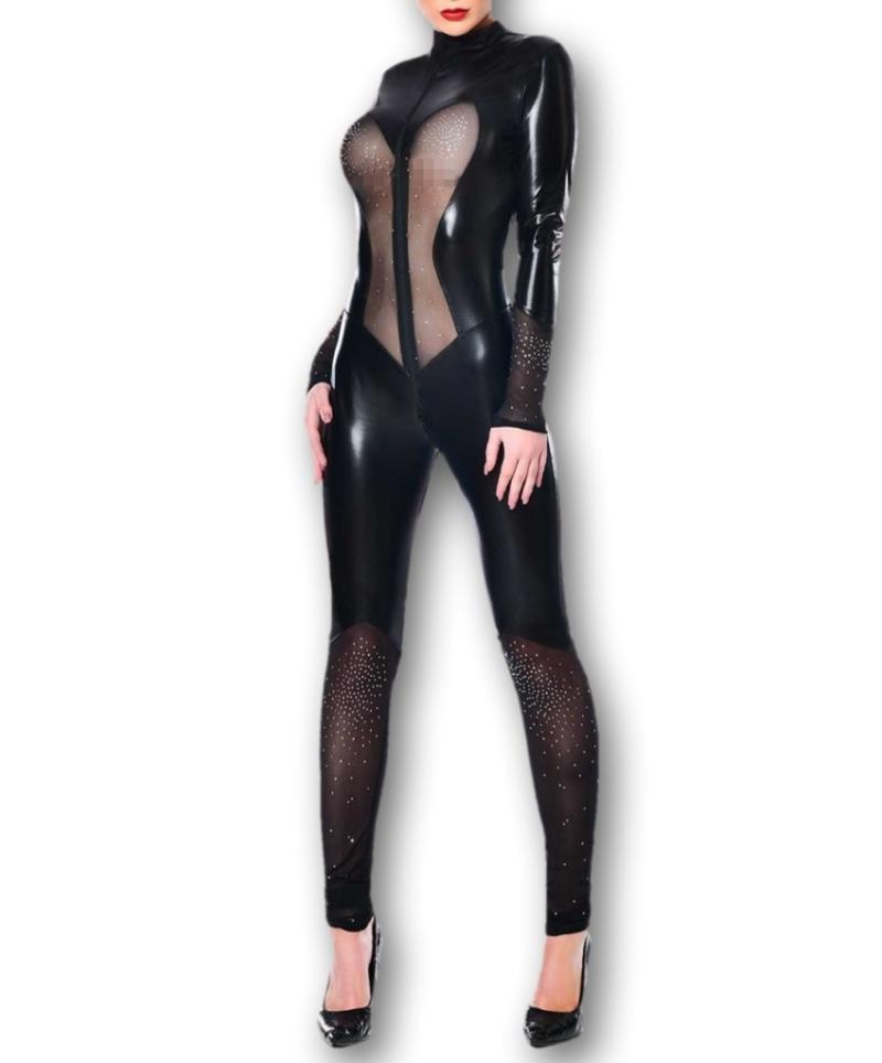 Catsuit Cassiope Schwarz Wetlook Netz Strass