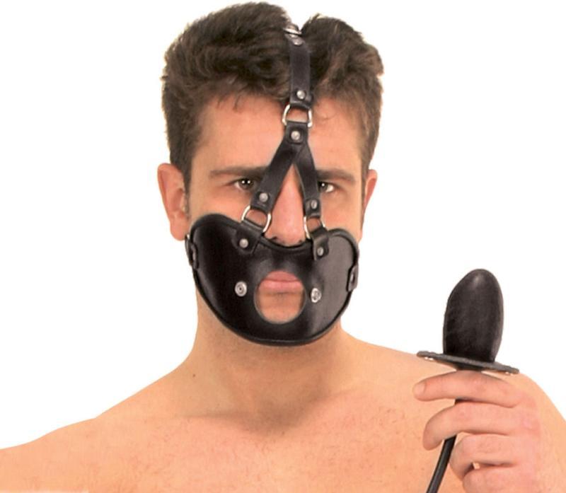 Halbmaske aus Spaltleder mit Latexknebel