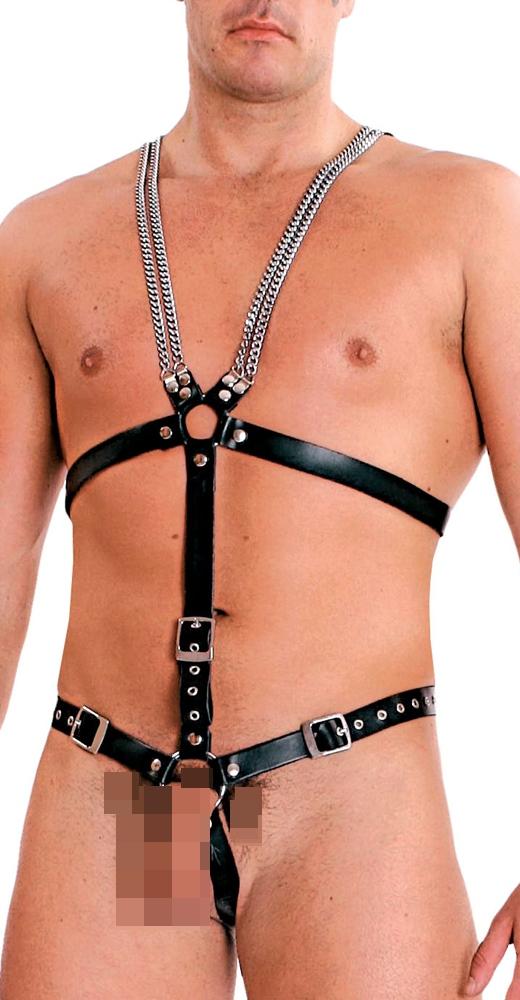 Herren Harness Ledapol Spaltleder mit Ketten und Cockring Herren Harness Ledapol Spaltleder mit Ketten und Cockring