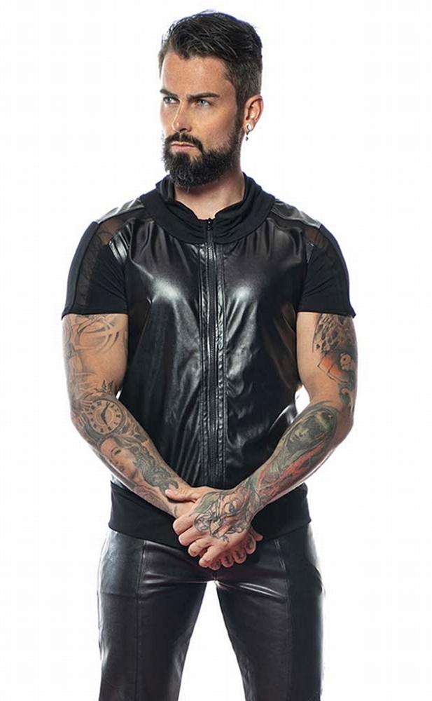 Herren Shirt Kurzarm schwarz Kunstleder mit Reißverschluss