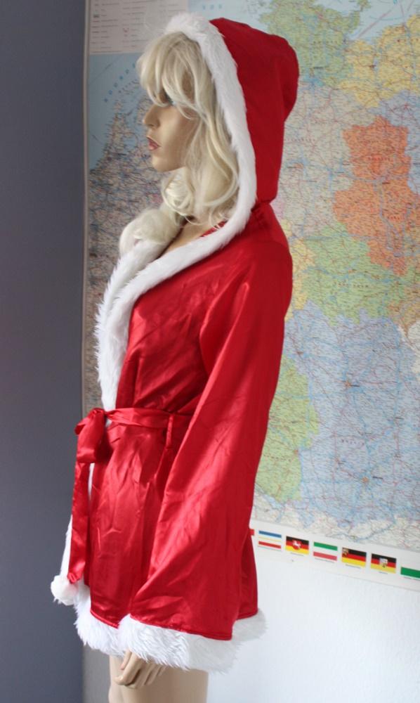 Weihnachts Kostüm Set Nachthemd mit Kapuzenjacke Satin Webpelz