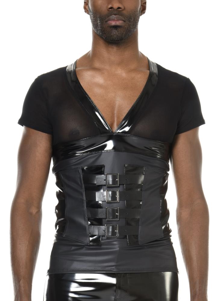 Gothik V-Shirt schwarz Materialmix, vorn 4 Riemen mit Schnallen