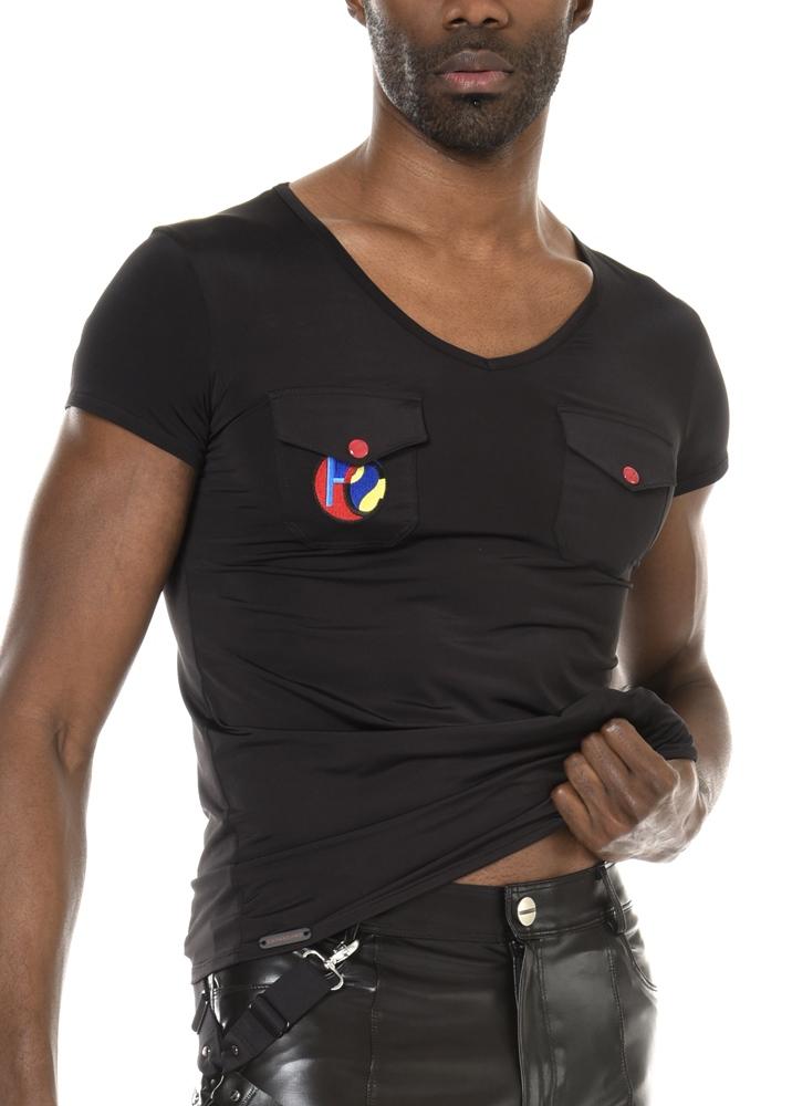 Herren Shirt schwarz Lycra mit buntem Sticker Label