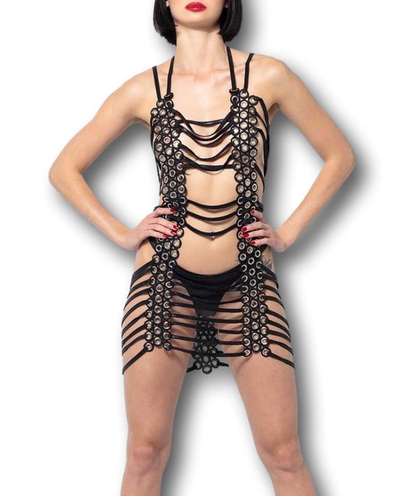 Riemchen Kleid Palombe von Catanzaro Schwarz mit Ringösen* Riemchen Kleid Palombe von Catanzaro Schwarz mit Ringösen*